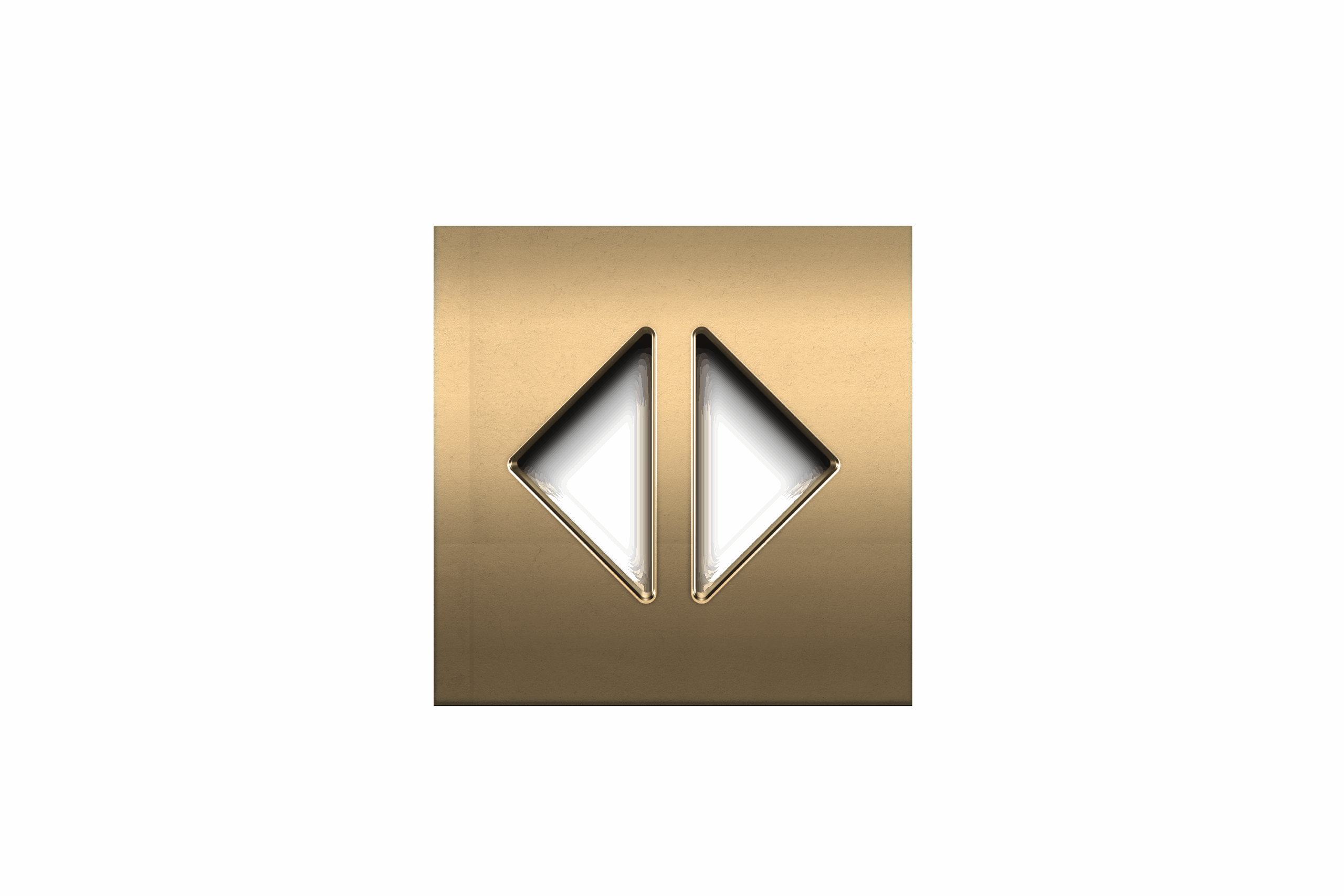 Gold button with two black triangles pointing left.